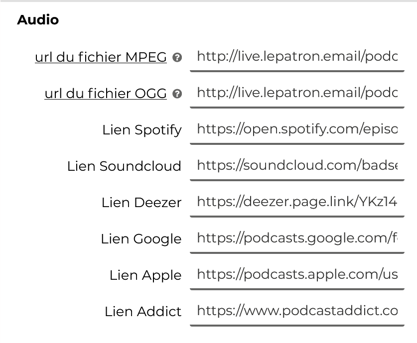 Exemple d'options de configuration du bloc podcast